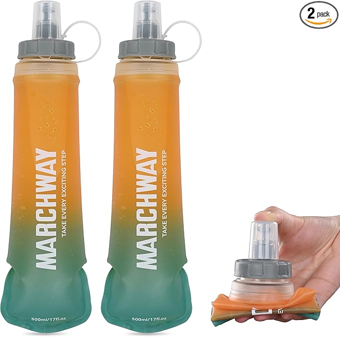 MARCHWAY Soft Hydration Flask with Wide Mouth, 300ml/500ml Collapsible TPU Water Bottle, Leakproof Portable Flexible for Running, Hiking, Cycling, Climbing, Gym, Travel (2pcs Orange-Green 500ml)
