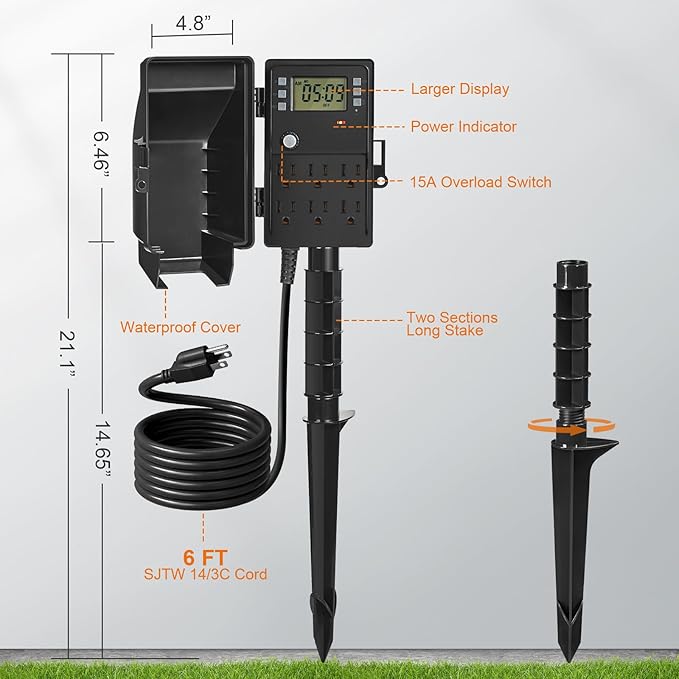SURAIELEC Outdoor Power Stake, 7-Day Programmable Digital Timer, Power Strip Weatherproof, 6 Multi Plug Electrical Outlet Waterproof, 6 ft Extension Cord for Outside Light, Halloween Decoration