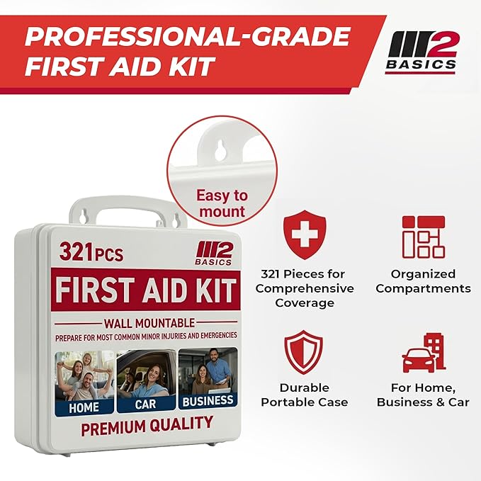 M2 BASICS Premium 321 Piece First Aid Kit, All Purpose Kit with Hard Case for Home, Car, Business, School, Office & Vehicle