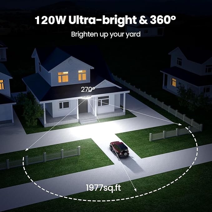 Olafus 120W Plug in Flood Lights Dusk to Dawn LED Outdoor Light with Remote, 5 Adjustable Heads IP65 Waterproof LED Security Light with Photocell for Yard Garden Porch Black