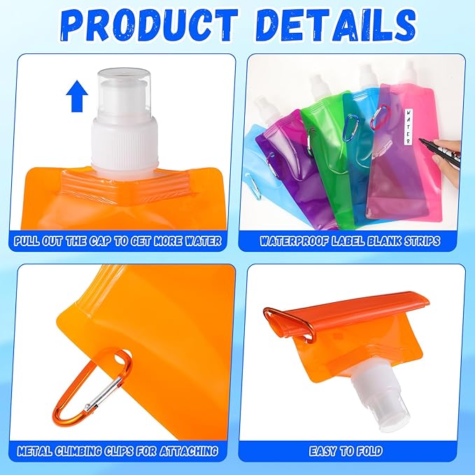 Teenyyou 24 Pack Collapsible Water Bottles Bulk 16oz Foldable Water Bottles with Carabiner Reusable Drinking Leak Proof Container Bags for Sport Biking Hiking Camping Travel Outdoor (12 Colors)