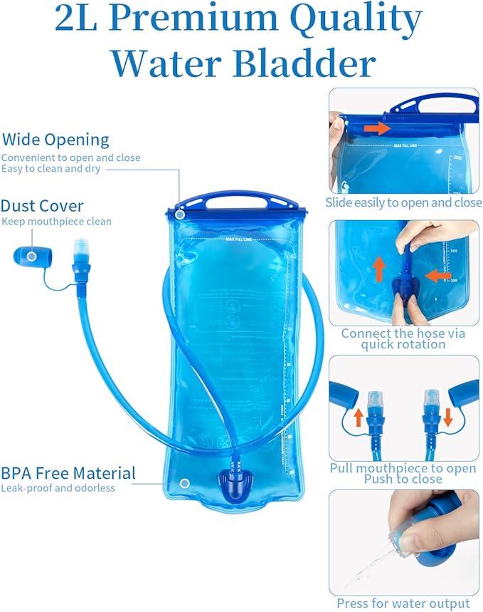 Hydration Backpack with 2L Water Bladder, Hiking Water Backpack for Men Women with Phone Pocket and Helmet Holder