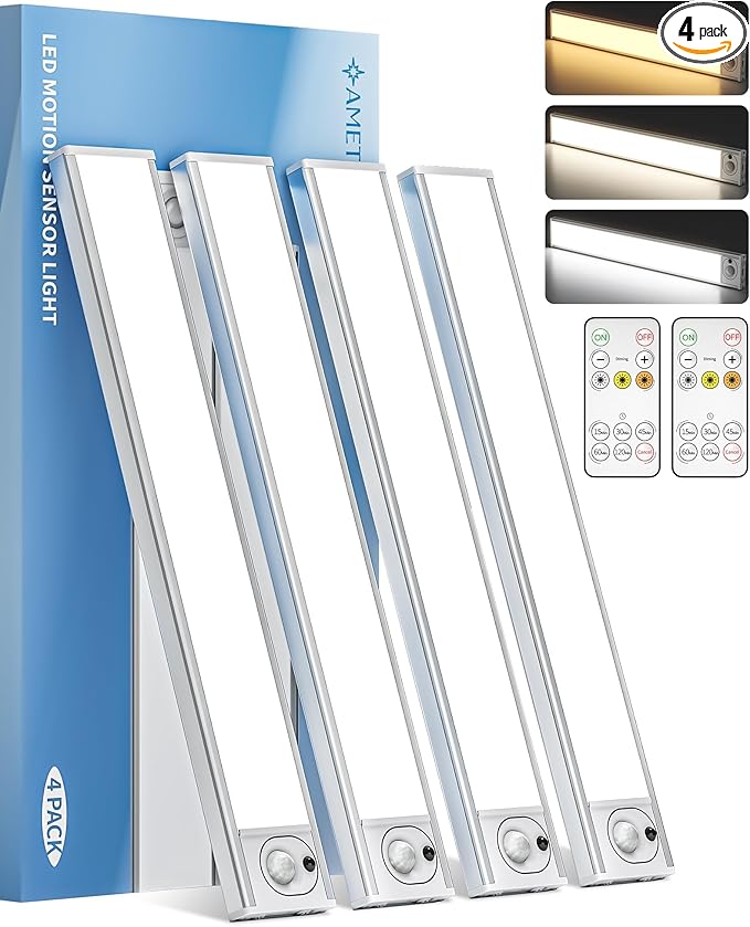 12inch Under Cabinet Lighting with Remote, 2400mAh Rechargeable Motion Sensor Light Indoor, Wireless Closet Lights, Dimmable, 3 Color Temps, Magnetic for Kitchen, Stairs (4 Pack)