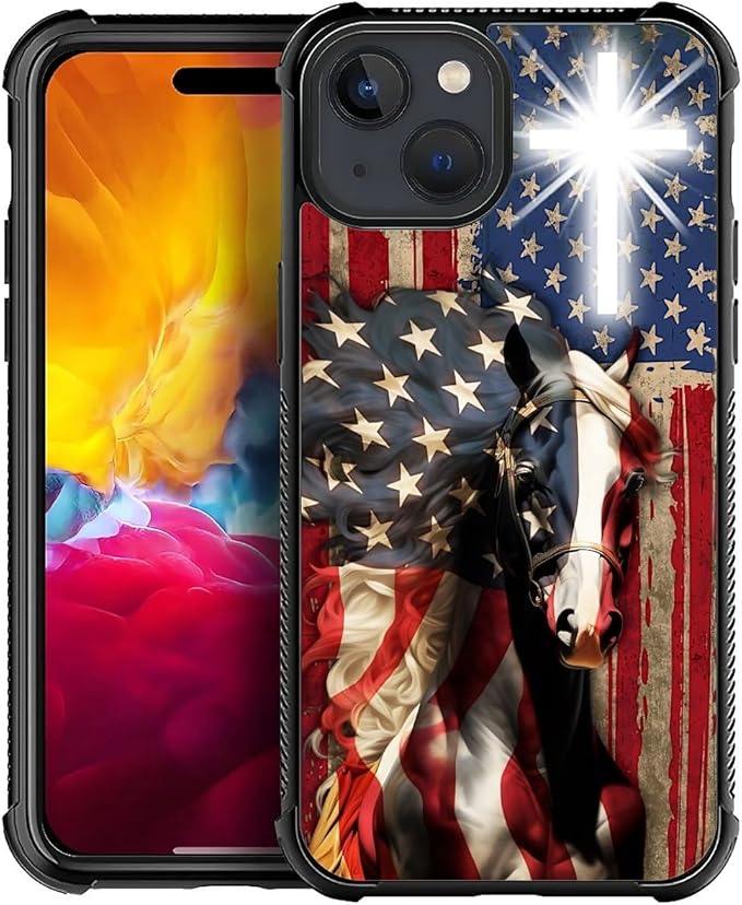 for iPhone 15 Plus Case, Red American Flag Horse Cross Pattern Made of Soft Silicone Hard Acrylic Shock Protection for iPhone 15 Plus