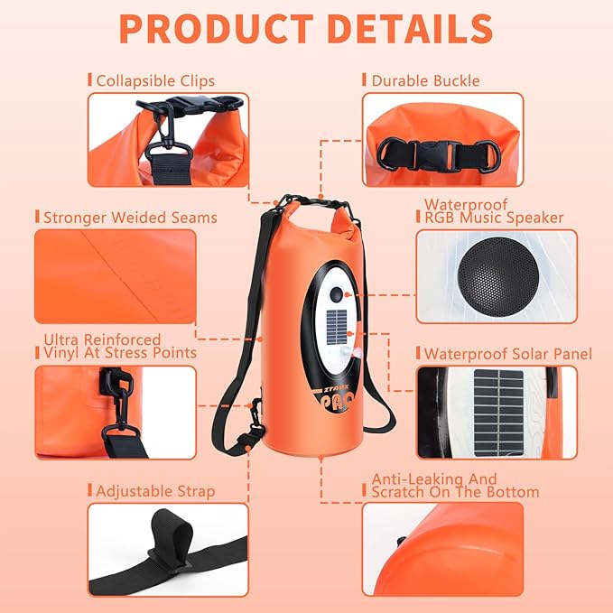 FELICON Solar/Battery Powered Multi-Functional Backpack with Bluetooth Speaker,IP66 Waterproof Dry Bag,Heavy Duty Roll Top Closure,Large Capacity Bag for Camping,Hiking,Traveling (Orange 20L)
