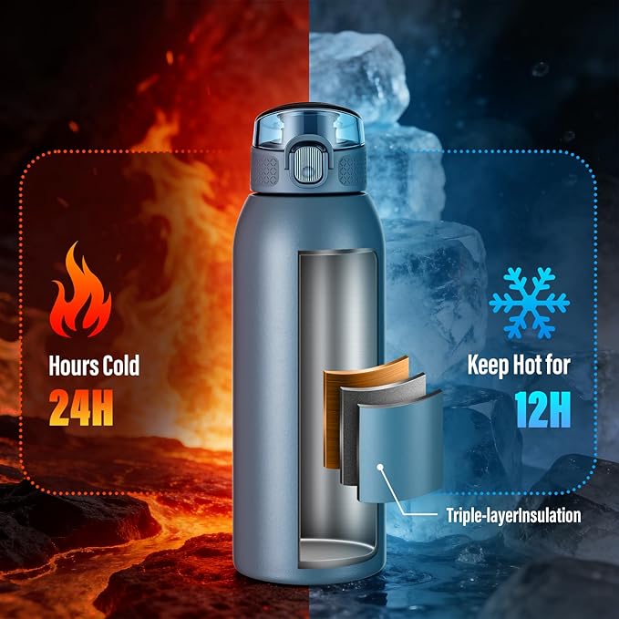 Insulated Water Bottle 24 oz with Dustproof Lid, Carry Handle & Tea Infuser, BPA-Free & Leakproof, Stainless Steel Water Bottles Ideal for Fitness, Hiking, Office & Outdoor Use （Navy Blue ）