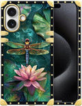 for iPhone 17 Case Luxury Golden Decoration for Girl Women Soft TPU Shockproof Protective Hard PC Back for iPhone 17 Crazy Pattern Colourful Dragonfly Pink Lily Pads