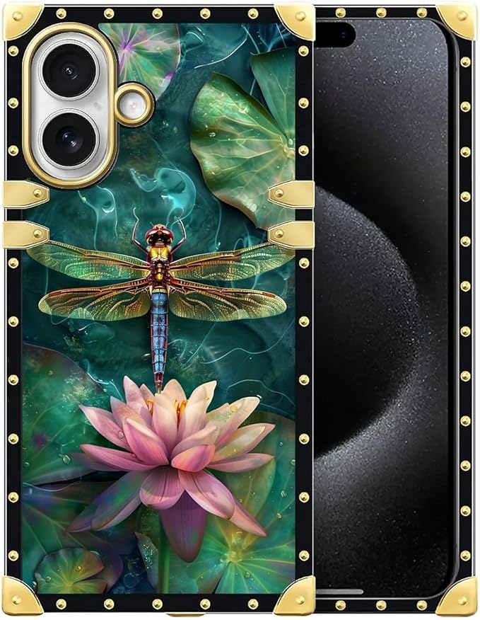 for iPhone 17 Case Luxury Golden Decoration for Girl Women Soft TPU Shockproof Protective Hard PC Back for iPhone 17 Crazy Pattern Colourful Dragonfly Pink Lily Pads