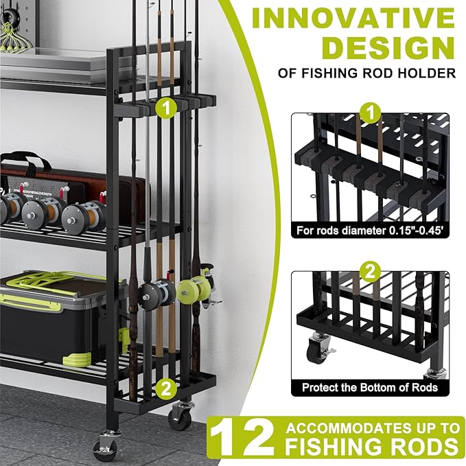Fishing Rod Holders for Garage, Fishing Rod Stand with Wheels and Pegboard, 3-Tier Pole Storage Rack with 8 Hooks and 12 Rod Slots, Ideal for Tackle, Backpacks, and Gear