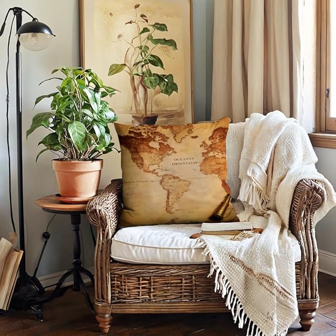 7COLORROOM Set of 2 Vintage World Map Pillow Covers Navigation Compass Square Decorative Throw Pillow Case Cotton Linen Cushion Cover 18”X 18” for Home Sofa Bedding Decoration (Brown map)
