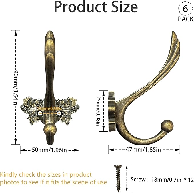 6Pcs Cute Butterfly Decorative Wall Double Hook Antique Brass Hook for Hanging Coat Keys Hats Towel Small Vintage Zinc Alloy Multi-Purpose Hook for Farmhouse Bathroom Kitchen Room