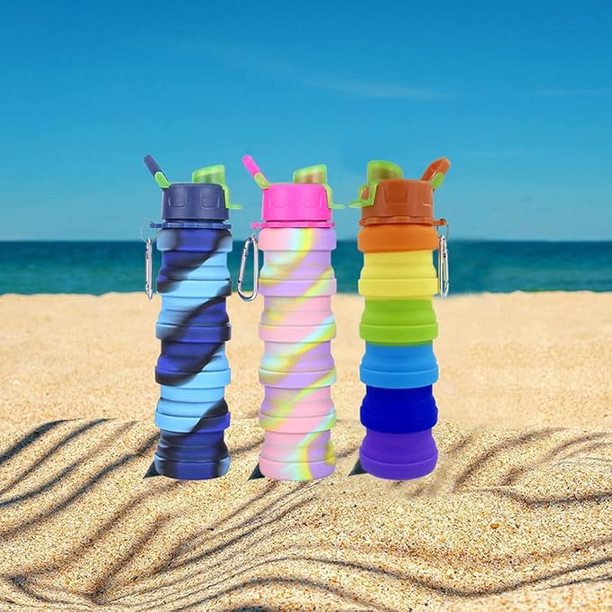 Collapsible Silicone Bottles 2 Pack - Expandable 500ml Portable Sport Bottles with Carabiner for Travel & Camping (Blue Camo + Pink Camo)