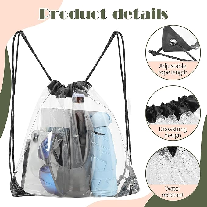 Shappy 30 Pcs Clear Drawstring Backpack, Plastic Waterproof Transparent Stadium Bags String Bag for Gym Travel (Black)