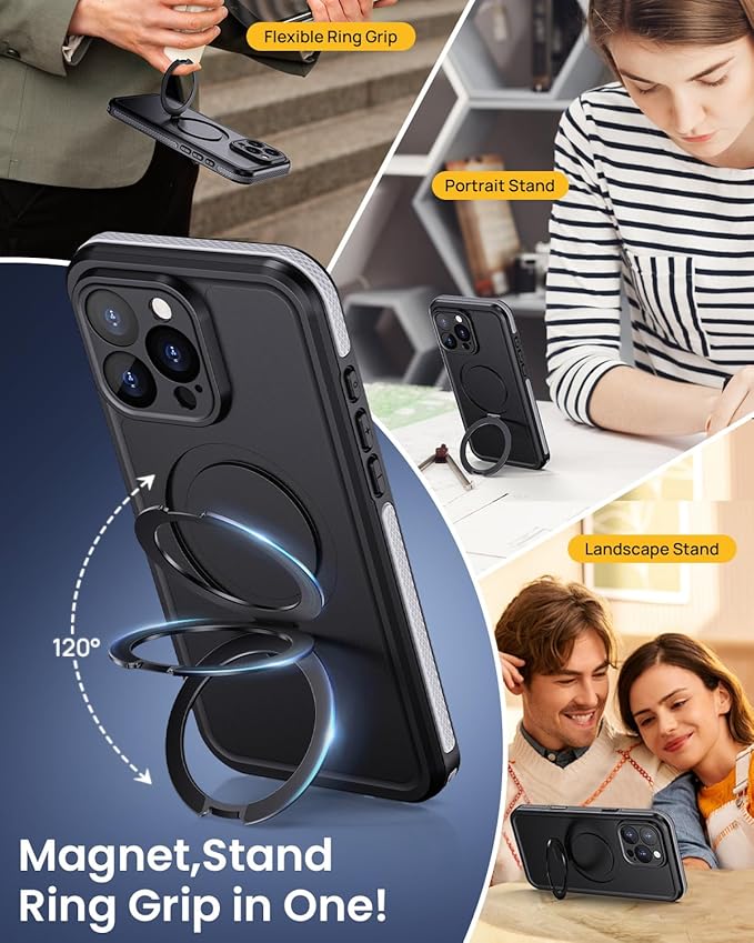 Lanhiem Magnetic for iPhone 16 Pro Max Waterproof Case, Dustproof Case Built-in Screen Protector, [Fit for MagSafe] [Invisible Stand] Shockproof Heavy Duty Underwater Case for 16 Pro Max (Black)