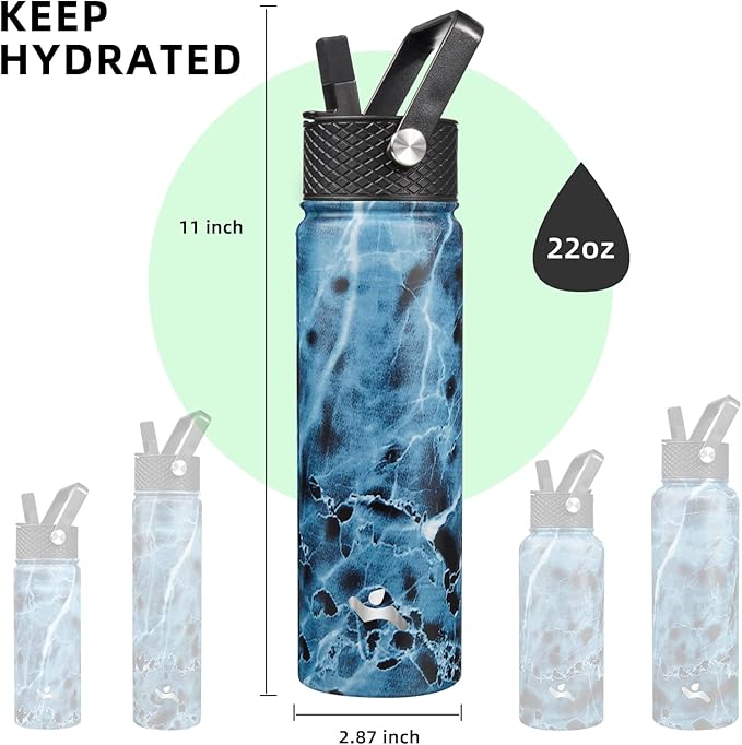 Konokyo 22oz Stainless Steel Bottles with 3 Lids Sport Insulated Water Bottle,Marble Ocean