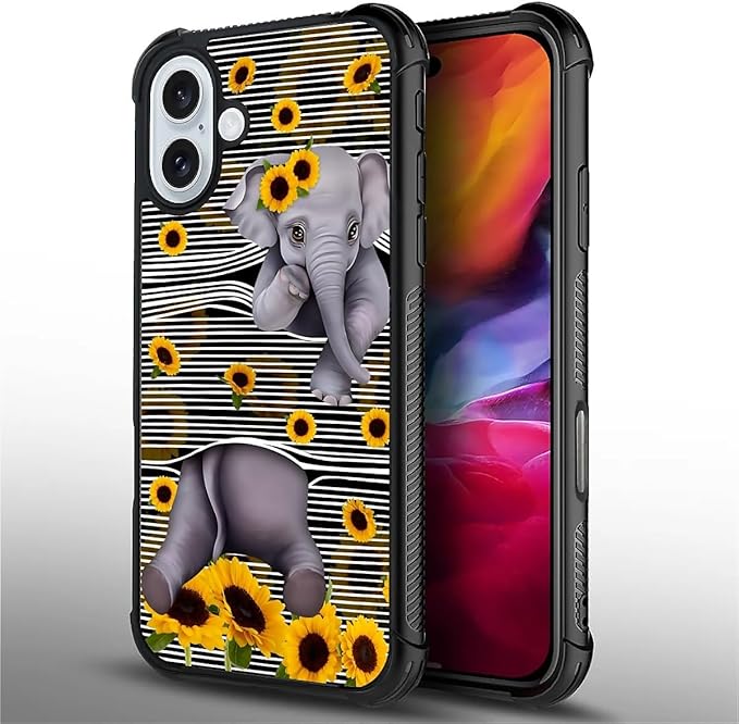 for iPhone 16 Plus Case, Cute Little Elephant Sunflower White Line Art Pattern Graphic Design Girl Boy Soft Silicone Hard Acrylic Shock Protection for iPhone 16 Plus