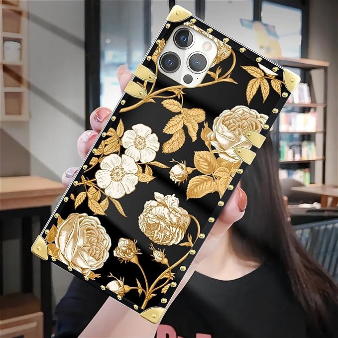 Compatible with iPhone 12 12 Pro Case, Blooming Rose Golden Flower Luxury Golden Decoration for Girl Women Soft TPU Shockproof Protective Hard PC Back for iPhone 12 12 Pro