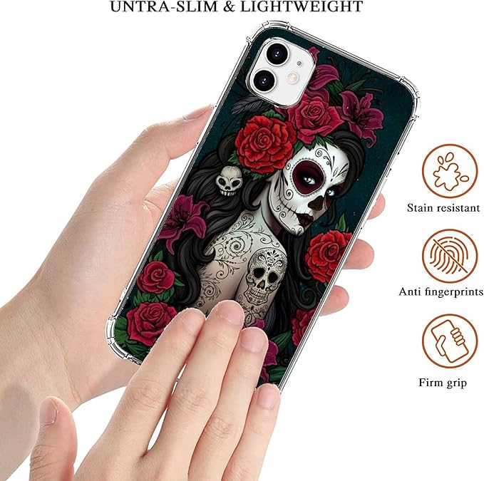 Sugar Skull Girl Case for iPhone 11,Skull and Flowers Pattern Unique Design Slim Shockproof TPU Bumper Protective Cover Case for iPhone 11