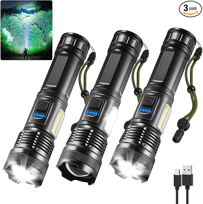 IkeeRuic 7Mode Flashlights High Lumens Rechargeable, 3Pack Tactical Flashlight High Powered, LED Flashlight Rechargeable, Super Bright Flashlight Adjustable, Flash Light for Emergency Home