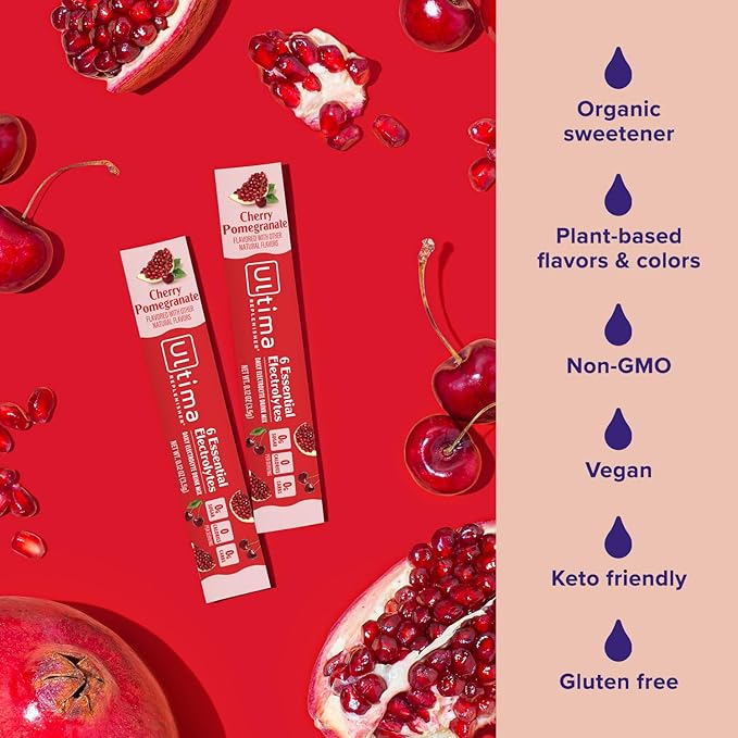 Ultima Replenisher Daily Electrolyte Powder – Cherry Pomegranate, 20 Stickpacks – Zero Sugar Hydration Packets with 6 Electrolytes and Minerals – Sugar Free, Plant Based & Keto Friendly Drink Mix