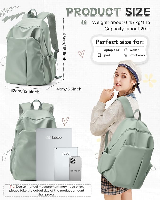 SEAFEW Green Backpack for Girls Women Waterproof High School Book Bag Cute Backpack for Men Teens Boys, Lightweight Simple Middle School Back Pack Daypack