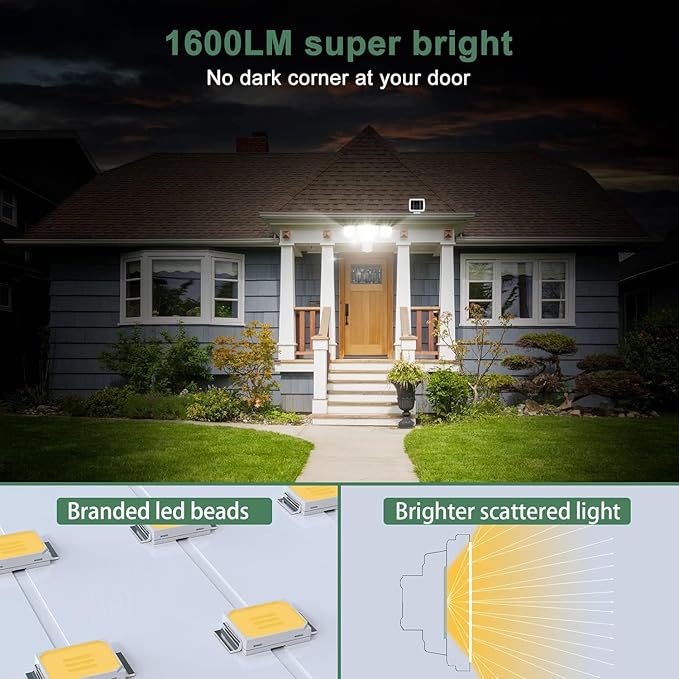 GLORIOUS-LITE Solar Security Lights 2400mAh LED Motion Sensor Light Outdoor, Rechargable 1600lm Solar Flood Light, 5500-6000K, IP 65 Waterproof for Garage, Yard, Porch, Entryways - White