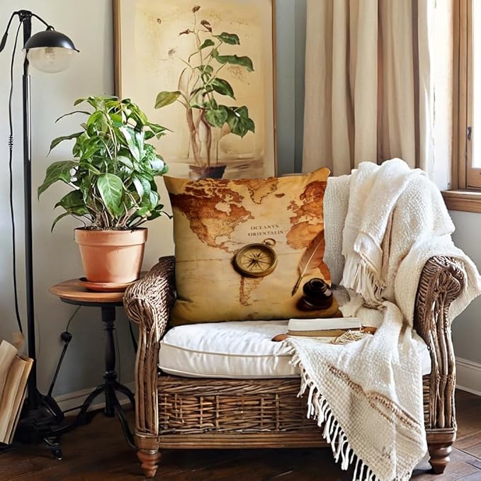 7COLORROOM Set of 2 Vintage World Map Pillow Covers Navigation Compass Square Decorative Throw Pillow Case Cotton Linen Cushion Cover 18”X 18” for Home Sofa Bedding Decoration (Brown map)