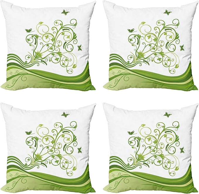 Ambesonne Vines Throw Pillow Cushion Case Pack of 4, Butterflies Leaves Flowers Colorful Nature Tones Print, Modern Accent Double-Sided Digital Printing, 24", Lime Green