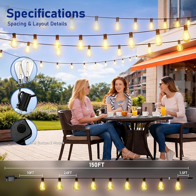 150FT LED Outdoor String Lights with Remote, One Continuous Strand Patio Lights with 55+2 Shatterproof S11 Bulbs, Dimmable 2200K Warm White, Timer & 3 Modes, Low Voltage for Backyard Garden