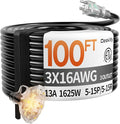 100 ft 16/3 awg 3 Outlet Extension Cord Splitter with Indicator, Waterproof Outdoor Extension Cord with Multiple Outlets, 13A 1625W for Home & Workshop, ETL Listed, Black SJTW