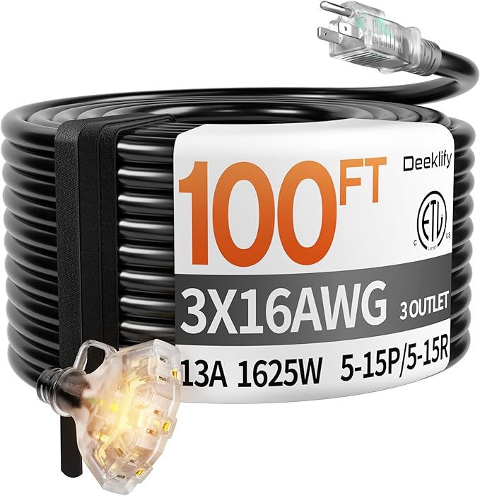 100 ft 16/3 awg 3 Outlet Extension Cord Splitter with Indicator, Waterproof Outdoor Extension Cord with Multiple Outlets, 13A 1625W for Home & Workshop, ETL Listed, Black SJTW