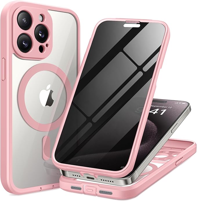 TIESZEN for iPhone 15 Pro Max Case, Compatible with MagSafe, Built-in Privacy Screen Protector and Camera Protection, Anti Spy Full Body Dustproof Shockproof Hard Phone Case 6.7", Pink