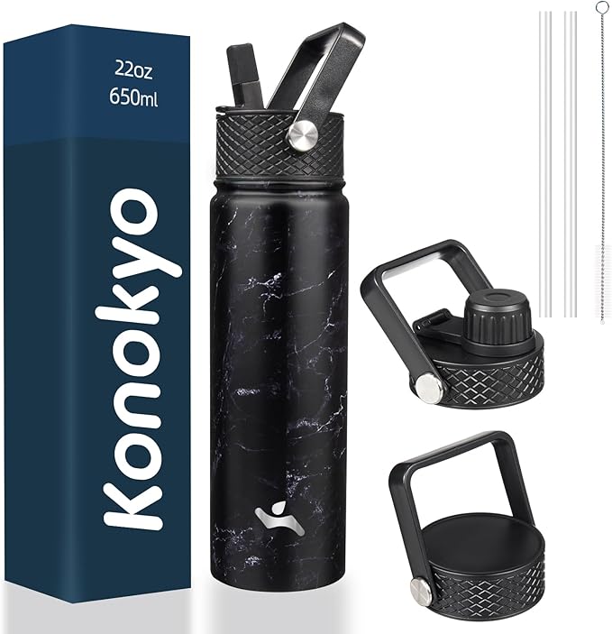 Konokyo 22oz Stainless Steel Bottles with 3 Lids Sport Insulated Water Bottle,Marble Midnight