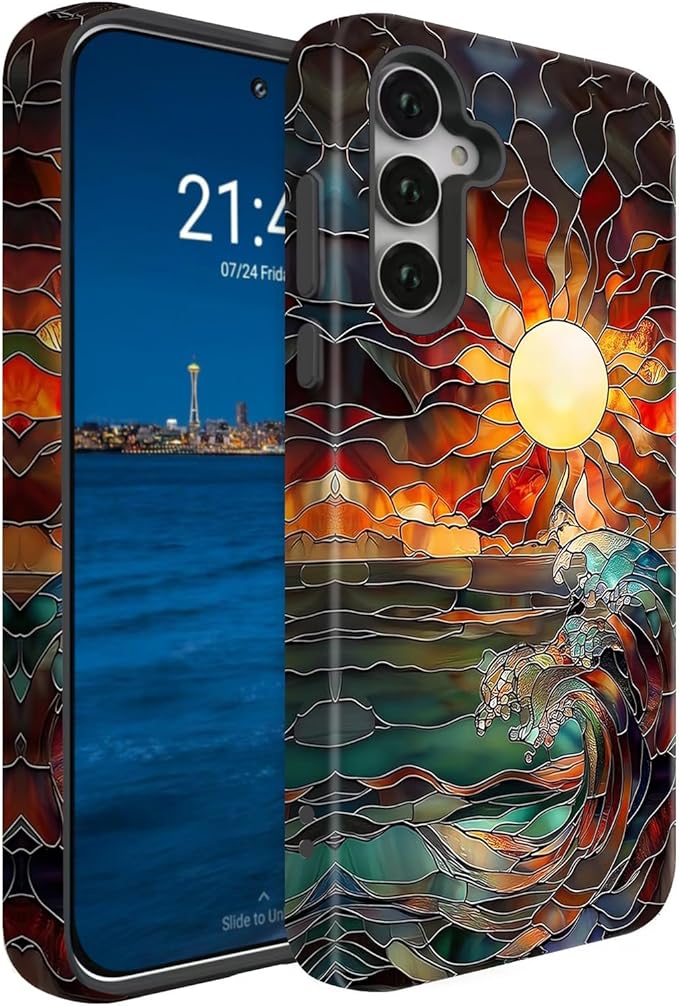 Compatible for Samsung Galaxy A36 5G Case, Dual Layer Heavy Duty 2 in 1 Shockproof Protective Phone Case,Stained Glass Sun Rays Ocean Waves