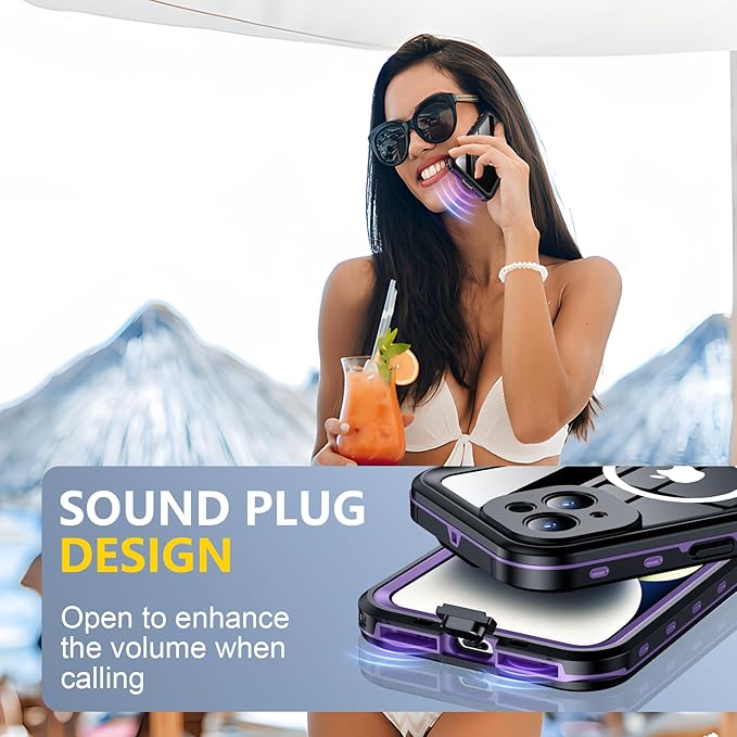 Red2Fire for iPhone 14 Case Waterproof, [Built-in Screen Protector & Camera Protector][Compatible with MagSafe][Full Body Shockproof][IP68 Waterproof][Dustproof] Phone Case 6.1" Purple/Clear