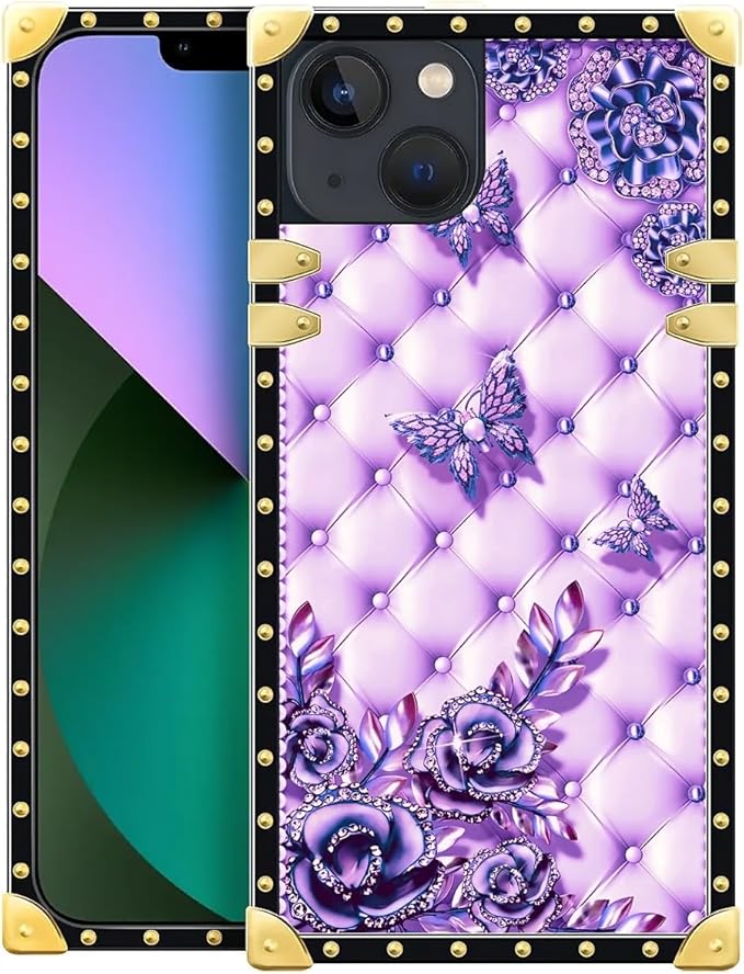 Compatible with iPhone 13 Case, Purple Butterfly Flowers Leaf Luxury Golden Decoration for Girl Women Soft TPU Shockproof Protective Hard PC Back for iPhone 13