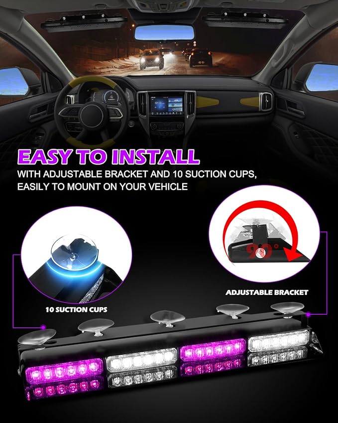 HLauto 604N Emergency Dash Strobe Lights: 2x16.8 inch Purple White Security Light w/Take Down, 48 LED Safety Flashing Warning Hazard Interior Windshield Light Bar for Truck Vehicle