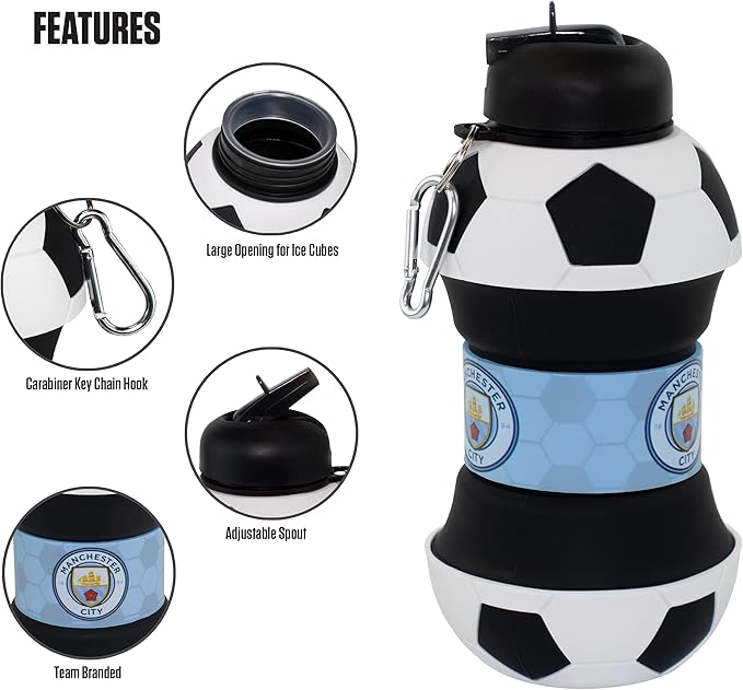 Maccabi ART Manchester City Clip-On Collapsible 1 Liter, 34 oz. size BPA-Free Silicone Soccer Large Water Bottle