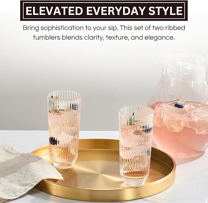 Khen Plastic Acrylic Ribbed Drinking Glasses – Set of 2 Clear 11.8oz Tritan Tumblers, European Style Shatterproof Drinkware – Durable, BPA-Free, Dishwasher Safe, Stackable & Unbreakable Plastic Cups