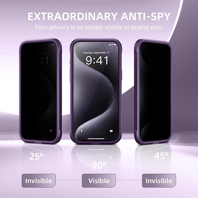 TIESZEN for iPhone 15 Pro Max Case, Compatible with MagSafe, Built-in Privacy Screen Protector and Camera Protection, Anti Spy Full Body Dustproof Shockproof Hard Phone Case 6.7", Purple