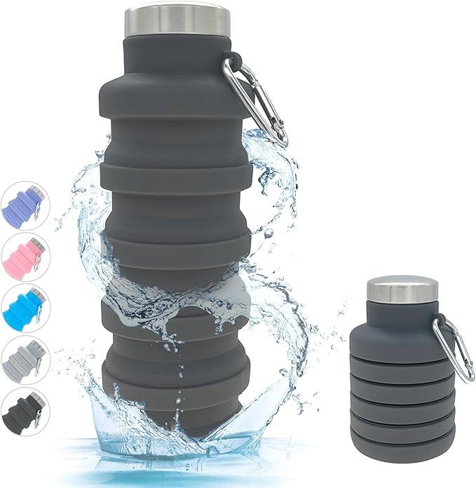 YCT Collapsible Water Bottle 17oz（500ml），Travel Portable Sport Water Bottle，Reusable Silicone Foldable Water Bottles for Gym Camping Hiking (Black)