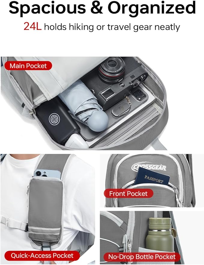 CROSSGEAR Packable Hiking Backpack, 24L RFID Lightweight Foldable Daypack, Nylon Fabric, Multiple Pocket, Water-Resistant for Men Women Travel Outdoor, Gray