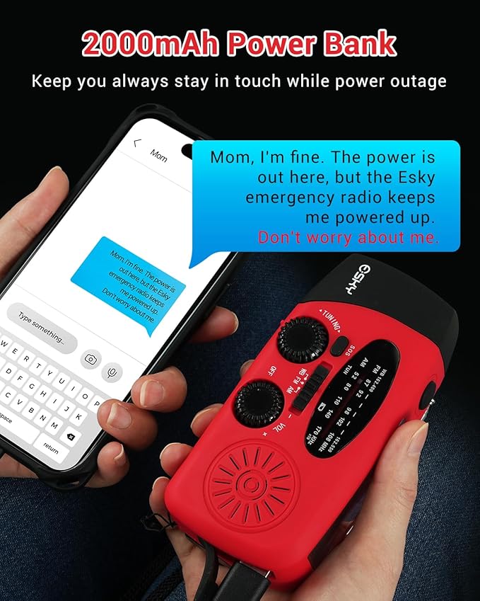 Esky Emergency Hand Crank Radio 7400mWh with 3 LED Flashlight, AM/FM/NOAA Portable Weather Radio with Rechargeable 2000mAh Battery, Solar Powered Radio for Indoor Outdoor Survival Camping, SOS Alarm