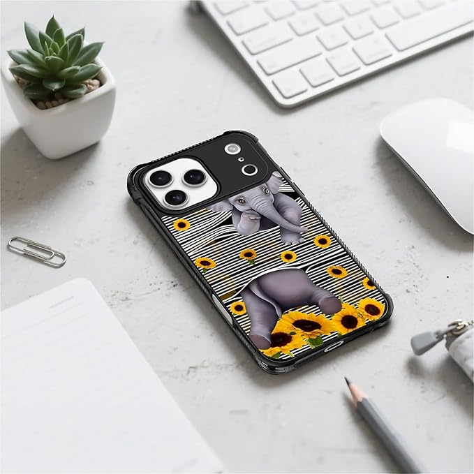 for iPhone 17 Pro Max Case,for MagSafe Graphic Design for Girl Boy Soft Silicone Hard Acrylic Shock Protection for iPhone 17 Pro Max Cute Little Elephant Sunflower White Line Art Pattern