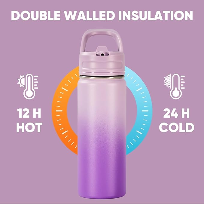 Fijinhom 2 Pack 18oz Insulated Stainless Steel Water Bottle with Straws, Double Wall Vacuum Insulated Bottles, Metal Thermo for Travel, Sports, Leak-Proof, BPA Free, Women & Men, Purple&Pink Gradient