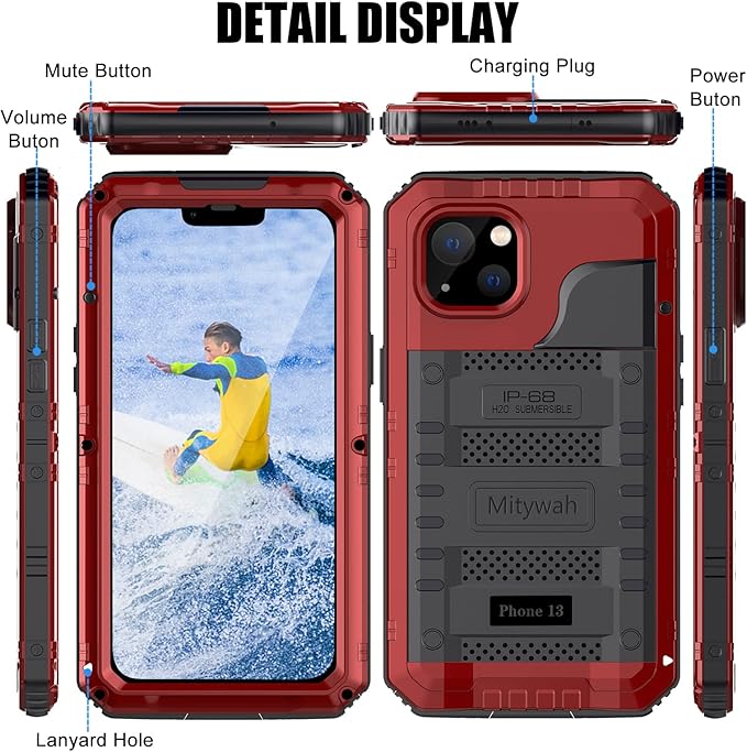 Mitywah Waterproof Case for iPhone 13, Heavy Duty Military Grade Drop Protection Phone Case with Built-in Screen Protector, 360° Full Body Protection Metal Armor Dropproof Case 6.1 inch, Red