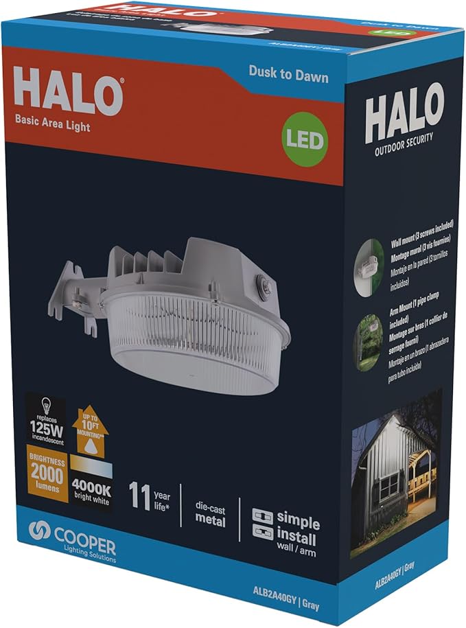 HALO ALB Outdoor Dusk-to-Dawn LED Security Area Light with 2000 Lumens, Wall or Pole Mount - Textured Gray