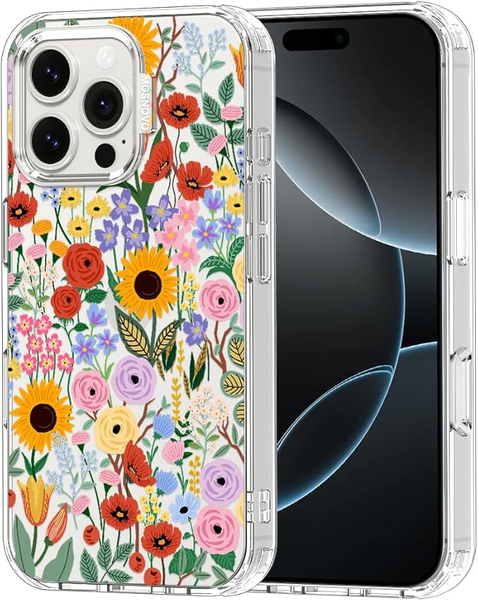 MOSNOVO Case for iPhone 16 Pro Max, [Buffertech 6.6ft Military-Grade Drop Protection] [Anti Peel Off Tech] Clear TPU Bumper Phone Case Cover Design - Blossom & Bloom