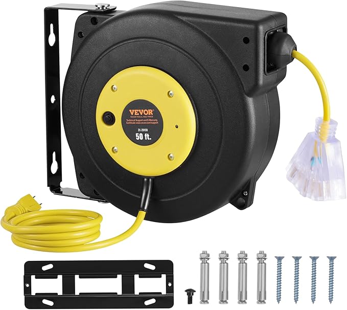 VEVOR Retractable Extension Cord Reel, 50 FT, Heavy Duty 14AWG/3C SJTOW Extension Power Cord with Lighted Triple Tap Outlet, 13A Circuit Breaker 180° Swivel Bracket for Ceiling or Wall Mount, Yellow