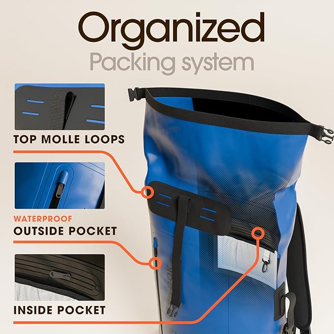 Earth Pak Waterproof Backpack - Heavy Duty Roll-Top Closure with Easy Access Front-Zippered Pocket and Cushioned Padded Back Panel for Comfort with IPX8 Waterproof Phone Case, Blue, 85L, Messenger Bag